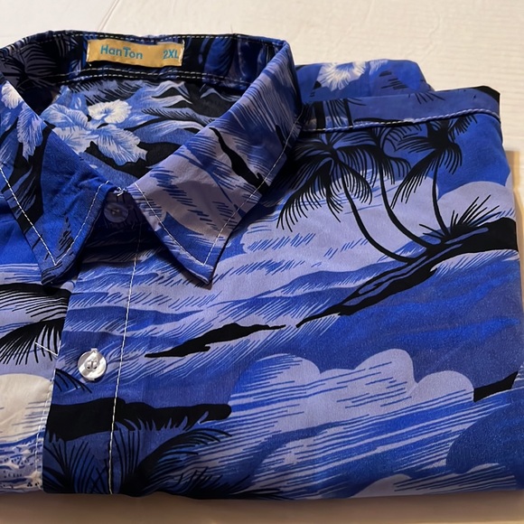 Vintage Han Ton blue palm trees aloha Hawaiian button camp shirt flowers XXL/2XL - Picture 3 of 13
